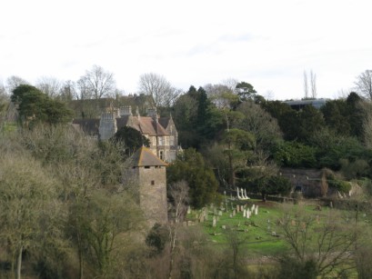 Looking down on the church yard and Llangattock Manor