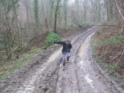 Dodging mud at Llangybi Park